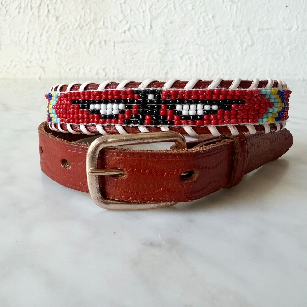 Beaded Brown Leather Belt Western Native American Thunderbird Vintage Size 26